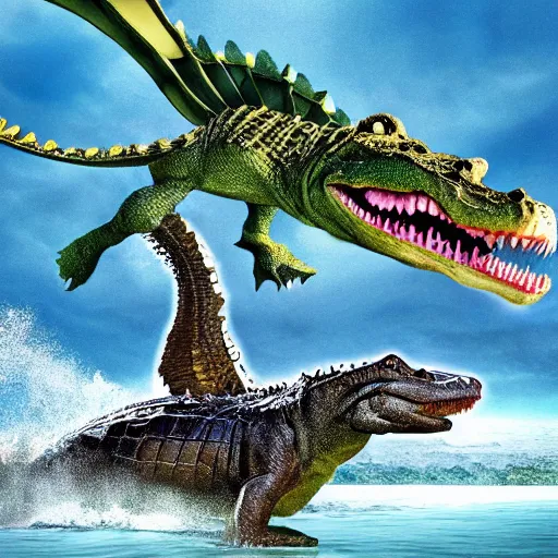 Prompt: a photoshop of a crocodile being eaten by a dragon