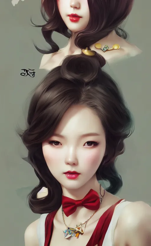 Image similar to a pin up and beautiful fashion charming dreamlke korea girl with lv jewelry, character art, art by artgerm lau and kyoung hwan kim and and ilya kuvshinov and john singer sargent, hyperdetailed, 8 k realistic, symmetrical, frostbite 3 engine, cryengine, dof, trending on artstation, digital art