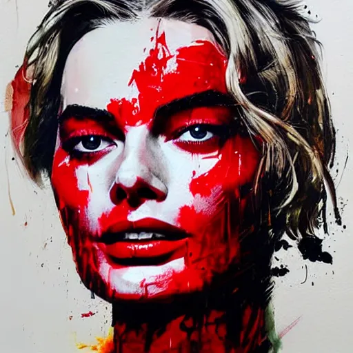 Prompt: portrait of margot robbie with two faces covered with red dripping paint, artwork by guy denning and charlie bowater,