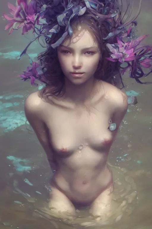 Image similar to face closeup a young beautiful girl nymph drowned in water, underwater photography, 3 d render, hyper realistic detailed portrait, holding magic flowers, ruan jia, wlop. scifi, fantasy, hyper detailed, octane render, concept art, by peter mohrbacher, by wlop, by ruan jia