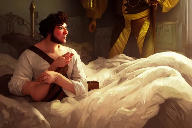 Image similar to russian poet alexander pushkin and shrek together in bed, portrait, highly detailed, digital painting, artstation, concept art, smooth, sharp focus, illustration, cinematic lighting, art by artgerm and greg rutkowski and alphonse mucha