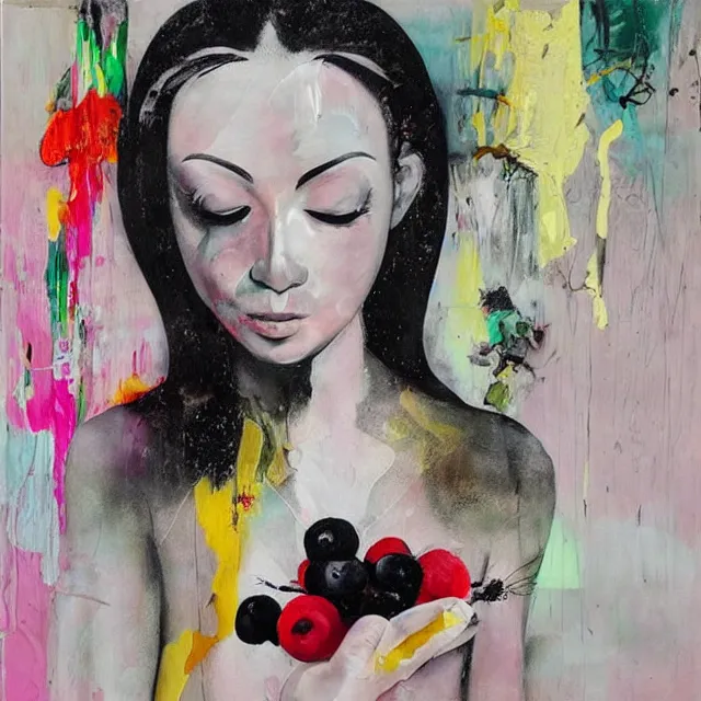 Image similar to “ a portrait in a female art student ’ s apartment, sensual, a pig theme, art supplies, paint tubes, ikebana, herbs, a candle dripping white wax, black walls, squashed berries, berry juice drips, acrylic and spray paint and oilstick on canvas, surrealism, neoexpressionism ”