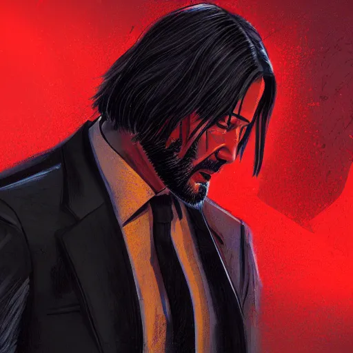 Prompt: highly detailed full body portrait of suffering john wick kneeling on a beach looking with horror into the dark abys, concept art by jama jurabaev cel shaded cinematic shot trending on artstation high quality brush stroke hyperspace vibrant