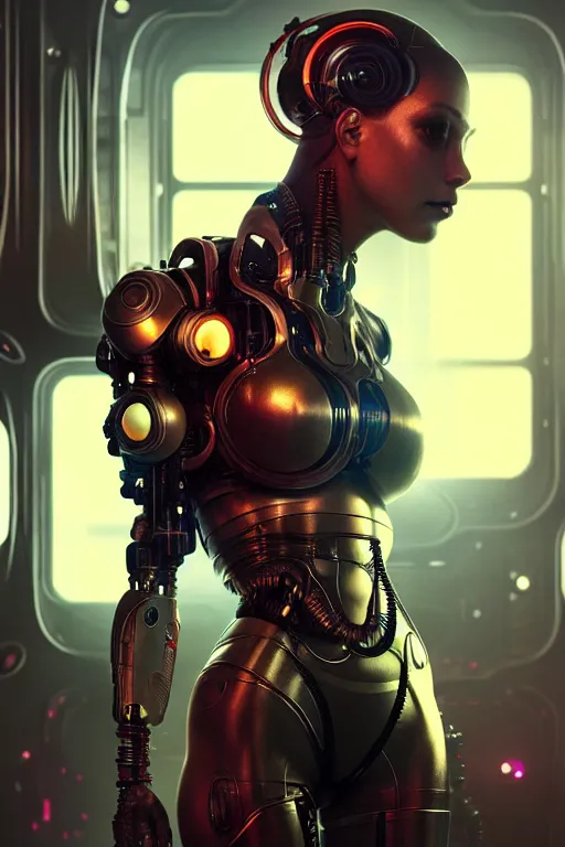 Image similar to ultra realistic, beautiful female cyborg in a crowded smoky cyberpunk club in space megalopolis, sci - fi, intricate details, eerie, highly detailed, octane render, 8 k, art by artgerm and alphonse mucha and greg rutkowski