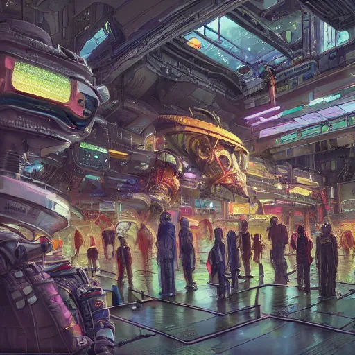 Image similar to highly detailed crowded used future shopping mall, robots humans and extraterrestrials, on a crowded space station, jim henson creature shop, 1 9 8 0 s science fiction, 1 9 7 0 s science fiction, alien 1 9 7 9, cyberpunk, 3 d oil painting, depth perception, 4 k, artstation