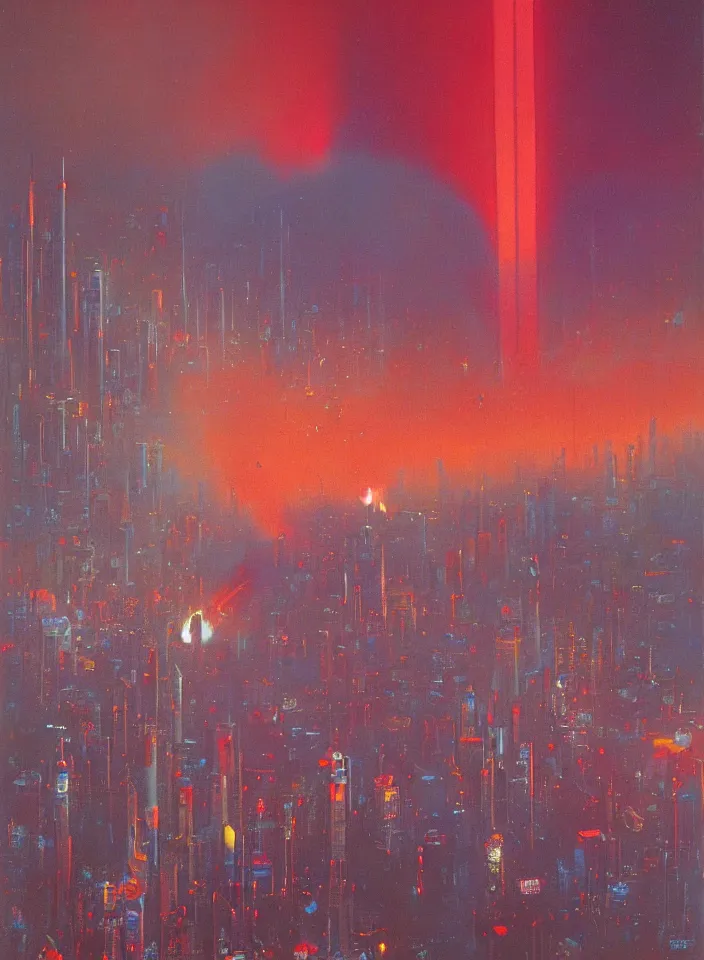 Prompt: 9 / 1 1 terror attack, red and purple palette, volume light, fog, by wayne thiebaud by ( h. r. giger ) and paul lehr