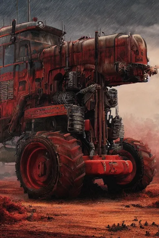 Image similar to a highly detailed beautifuly rendered, tractor that pulls a tank, thick dust and red tones, bladerunner, cyberpunk, lost city, hyper - realistic environment, epic concept art