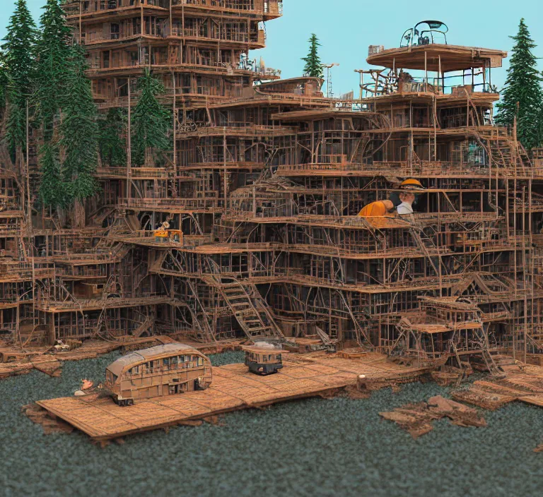 Image similar to hyperrealism photography hyperrealism concept art of highly detailed beavers builders that building highly detailed futuristic from far future city by wes anderson and hasui kawase and scott listfield sci - fi style hyperrealism rendered in blender and octane render volumetric natural light