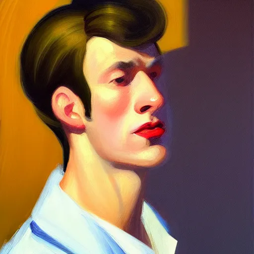 Prompt: A beautiful close-up of a young man with a judge wig, dressed like in the 1940s, digital art by Edward Hopper, vibrant color scheme, highly detailed, in the style of romanticism, fine Art, high detail, great lighting, 8k resolution, masterpiece, concept art, illustration, clear eyes, soft lighting, soft details, painting oil on canvas, octane render, HDR, trending on artstation, 4k, 8k, HD