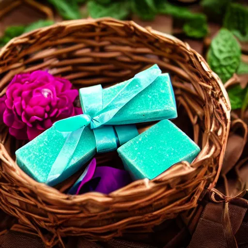 Image similar to beautiful and bright advertising, photography of a package of handmade mint chocolate scented soap blocks, wrapped in dark brown ribbons, sitting in a basket of flowers, studio quality, hdr 8 k photograph