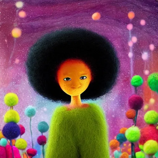 Image similar to a black girl with a colorful afro in a candy forest at night, bokeh, bright colours, watercolor, volumetric wool felting, macro photography, children illustration, by goro fujita