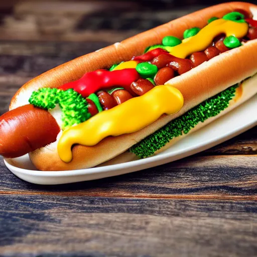 Image similar to commercial photo of a delicious hot dog, with baked beans, mustard, ketchup, broccoli and legos on top, detailed, uhd, 8k,