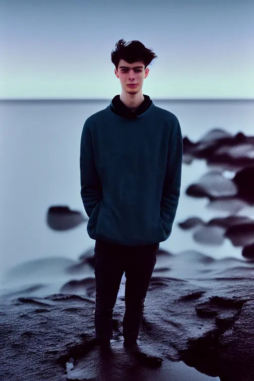 Image similar to high quality pastel coloured film mid angle docu photograph of a beautiful young 2 0 year old male, soft features, short black hair, resting in an icelandic black rock pool environment. atmospheric. three point light. photographic. art directed. ( pastel colours ). volumetric light. clearcoat. waves glitch. 8 k. filmic.