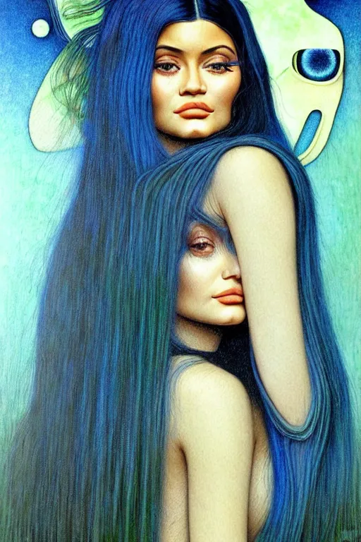 Prompt: realistic detailed face portrait painting of the beautiful kylie jenner with long hair with sci-fi headwear, futuristic sci-fi forest on background by Jean Delville, Amano, Yves Tanguy, Alphonse Mucha, Edward Robert Hughes, Roger Dean, moebus, hilma AF klint rich moody colours, blue eyes