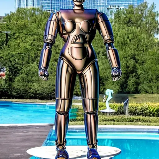 Image similar to a realistic detailed photo of a guy who is an attractive humanoid who is half robot and half humanoid, who is a male android, wrestler bo nickal, shiny skin, posing like a statue, blank stare, by the pool, on display, showing off his muscles, humanoid robot, frozen ice statue