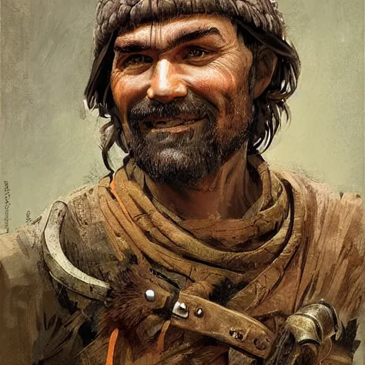 Prompt: a medieval hunter man from brazil, warm friendly expression, pine color scheme, fantasy character portrait by denis sarazhin