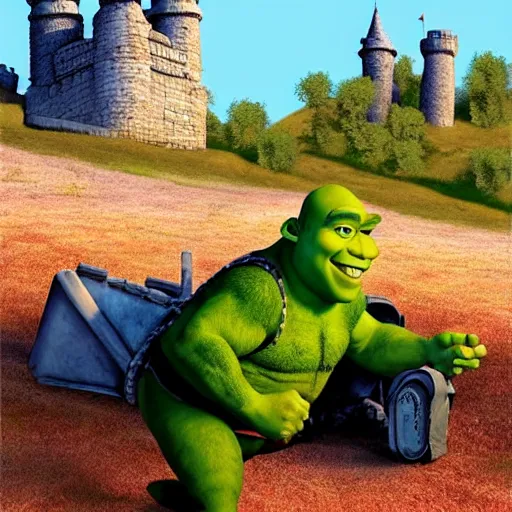 Prompt: shrek rolling down a hill towards a castle with explosives strapped to his chest