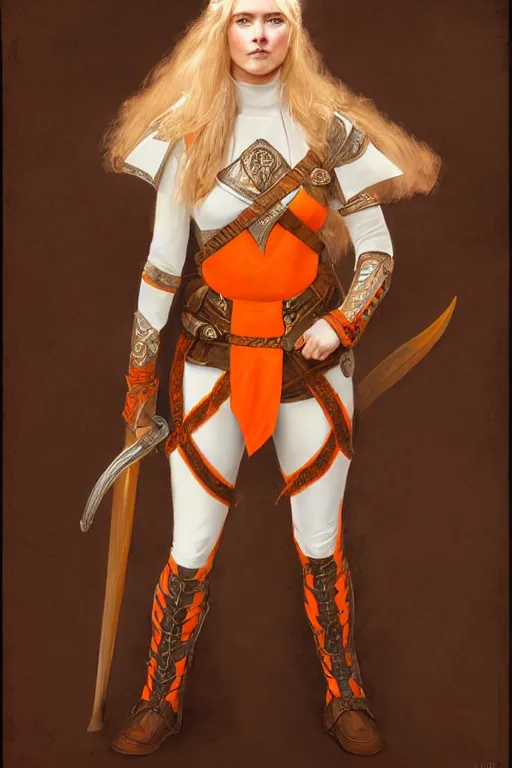 Prompt: full - body portrait of a ranger, female, white and orange breastplate, magical, high fantasy, d & d, by john collier, face details, extremely detailed, digital illustration