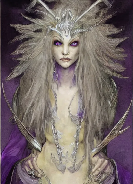 Image similar to portrait of young female sorceress of the endtimes, transluscent skin, silver filigreed armor, lavender hair, beautiful! coherent! dungeons and dragons character, by brian froud, strong line, cool night color, high contrast