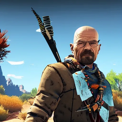 Image similar to walter white in horizon zero dawn world