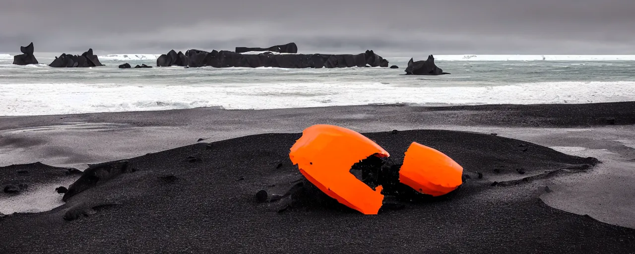 Image similar to cinematic shot of giant orange and white military spacecraft wreckage on an endless black sand beach in iceland with icebergs in the distance, 2 8 mm, shockwave