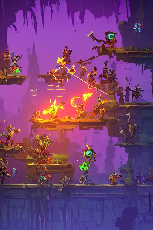 Image similar to side scroller 2d game by dead cells artist Rendering with several goblins . full of details, by squaresoft and Rayman legends , Matte painting, trending on artstation and unreal engine