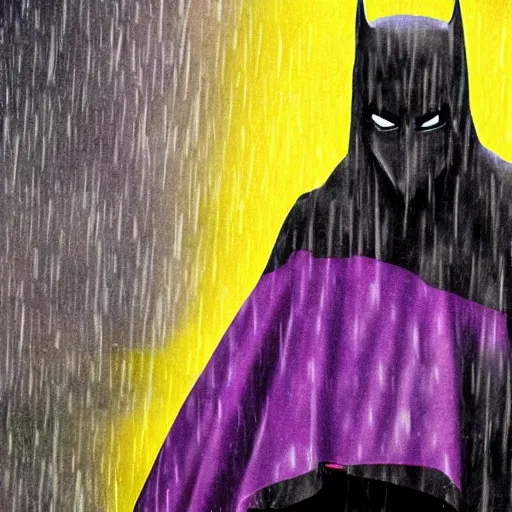 Prompt: a blur of purple, yellow, and black. figure in a cape, and cowl - flew in a split second under the rainy yet gloomy skies of gotham city