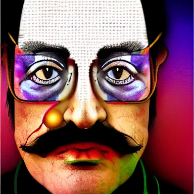 Prompt: portrait of a uncanny artist by Chor Boogie and Salvador Dali collaboration, digital art, mix of aesthetics, close up, high details