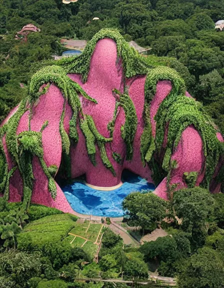 Prompt: a massive gold and white pink fluid sculpture in the jungle covered in flowers and vines photograph, architecture carved for a titan, beautiful in its smoothness and expansiveness, curving geometric arches, architectural photograph by louis kahn and moshe safdie