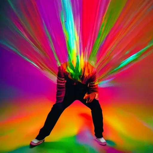 Image similar to a human exploding with color, studio medium format photograph