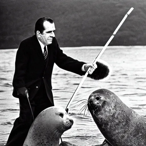 Prompt: Richard Nixon hitting a seal with a club, photojournalism, cover of life magazine