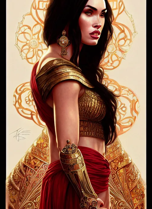 Image similar to portrait of megan fox as a queen, throne, jewelry, greek, ruby, intricate, headshot, highly detailed, digital painting, artstation, concept art, sharp focus, cinematic lighting, illustration, art by artgerm and greg rutkowski, alphonse mucha, cgsociety