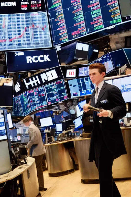 Prompt: tom holland rings the opening bell at the new york stock exchange trading floor, 3 5 mm photography, highly detailed, cinematic lighting, 4 k