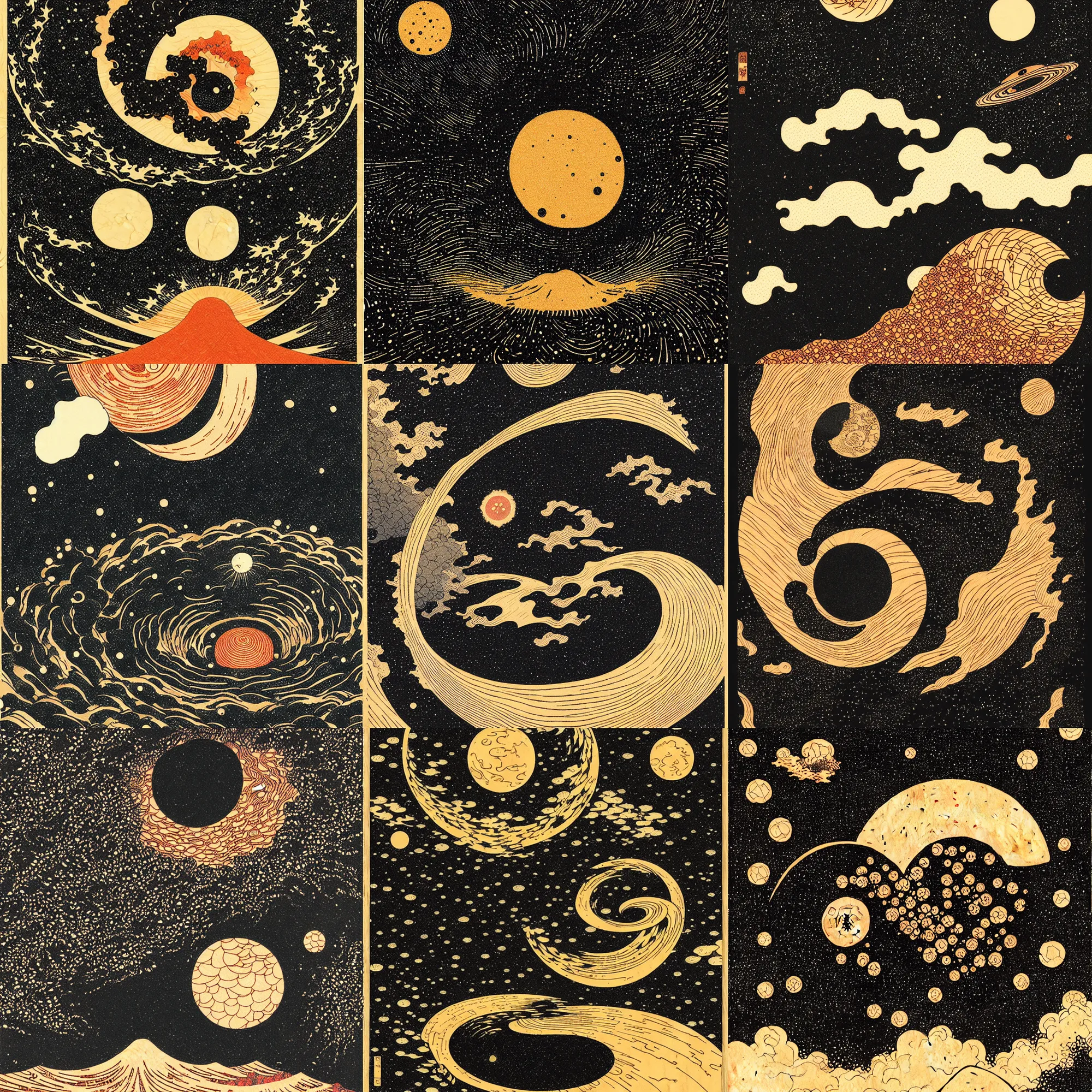 Prompt: black hole with nebula explosion, woodblock print by hokusai and victo ngai, behance contest winner, wooden collage, woodgrain, environmental art, lovecraftian