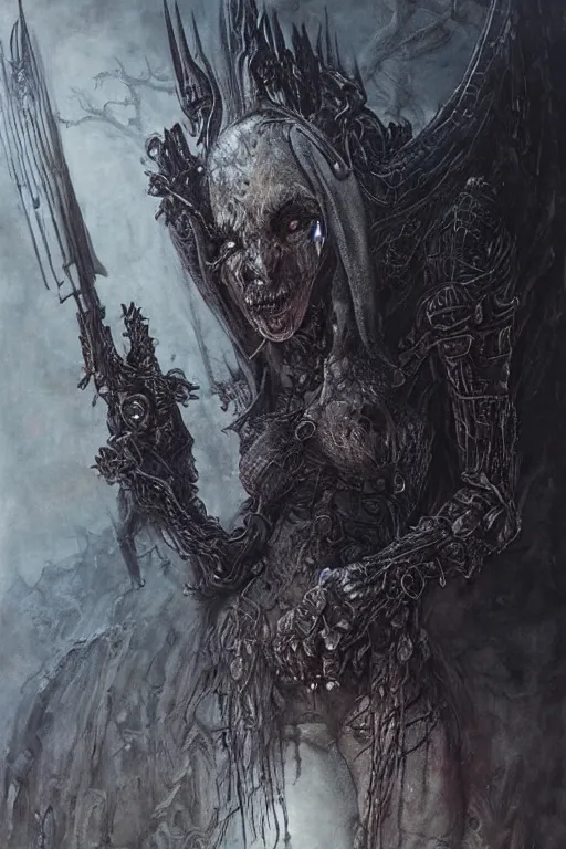 Prompt: portrait of julia garner by hr giger, greg rutkowski, luis royo and wayne barlowe as a diablo, resident evil, dark souls, bloodborne monster