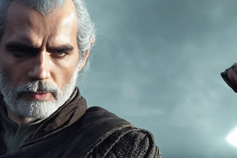 Prompt: Still of Henry Cavill as old Count Dooku, fighting yoda, cinematic light, 4K