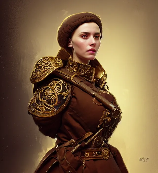 Prompt: portrait of a russian woman wearing a traditional nineteenth century russian empire military jacket, metal shoulder pauldrons, intricate, highly detailed, digital painting, artstation, concept art, sharp focus, cinematic lighting, illustration, art by artgerm and greg rutkowski, alphonse mucha, cgsociety