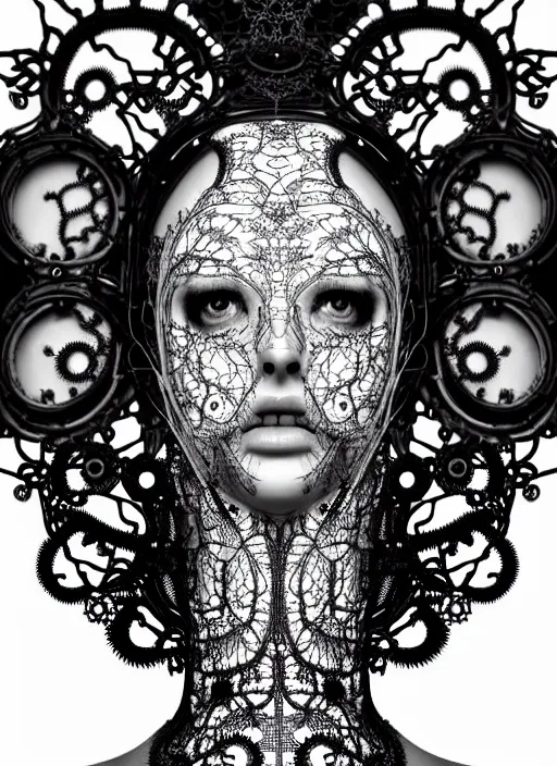 Image similar to surreal black and white photo portrait of complex bio-mechanical beautiful young female vegetal-cyborg with a Mandelbrot fractal steampunk metal fine lace face, a very long neck and a fine metal floral foliage super big lace collar by Alexander McQueen:: high fashion, haute couture, rococo, steampunk, silver filigree details, anatomical, facial muscles, cable wires, microchip, elegant, dreamy, foggy, hyper realistic, 150 mm lens, soft rim light, octane render, unreal engine, picture was taken in 1910 by Dora Maar, volumetric lighting, dramatic light,8k,