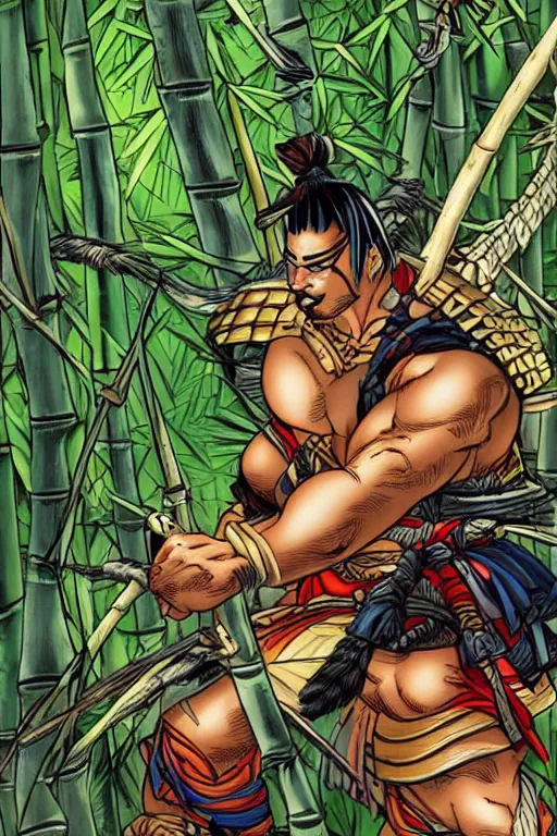 Image similar to close up of samurai warrior in a bamboo forest, by joe madureira and hicham habchi