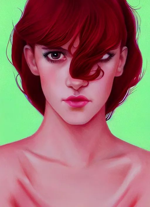 Image similar to full body portrait of teenage cheryl blossom, bangs, green eyes, sultry expression, red hair, sultry smirk, bangs and wavy hair, pink skirt, bangs, intricate, elegant, glowing lights, highly detailed, digital painting, artstation, concept art, smooth, sharp focus, illustration, art by wlop, mars ravelo and greg rutkowski