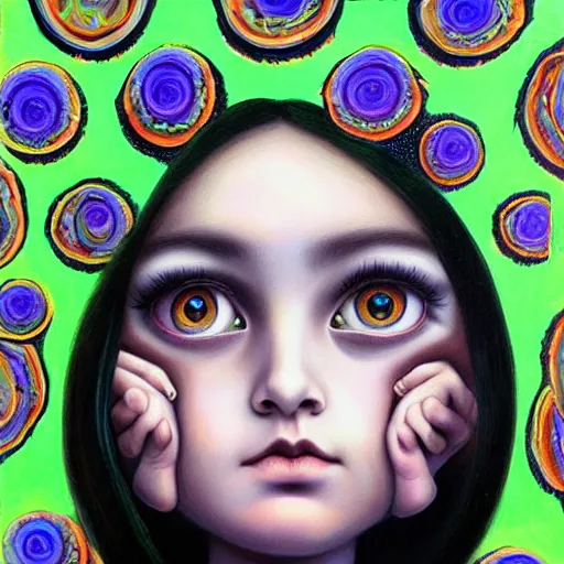 Prompt: hyper detailed painting of a girl with big eyes in the style of artist mark ryden, symmetrical composition, in a landscape