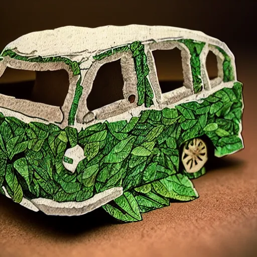 Prompt: van made out of tree leaves. concept art, award winning illustration