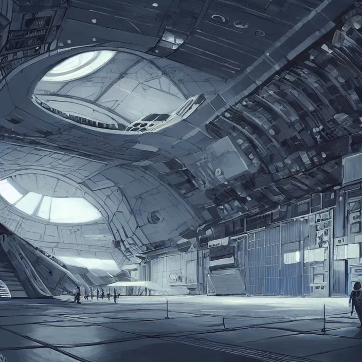 Image similar to A room inside a large hangar of the space station by Jose Daniel Cabrera Pena and Leonid Kozienko, concept art