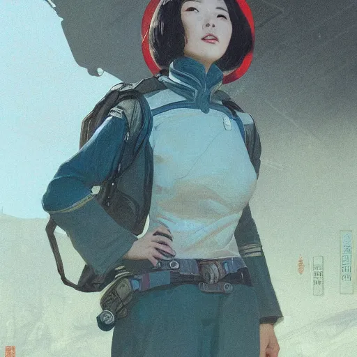 Image similar to Half portrait of a chinese woman with short hair as a character in Fallout 4 visiting a point of interest, gorgeous, beautiful, intricate, highly detailed, digital painting, artstation, oppressive lighting, concept art, sharp focus, illustration, art by greg rutkowski and alphonse mucha