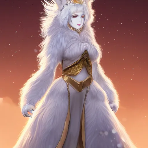 Image similar to commissioned full body portrait of a female anthropomorphic furry wolf princess fursona with white hair wearing a white and gold armored dress in a white and gold palace, by Wlop and jerry park, artstation, extremely detailed