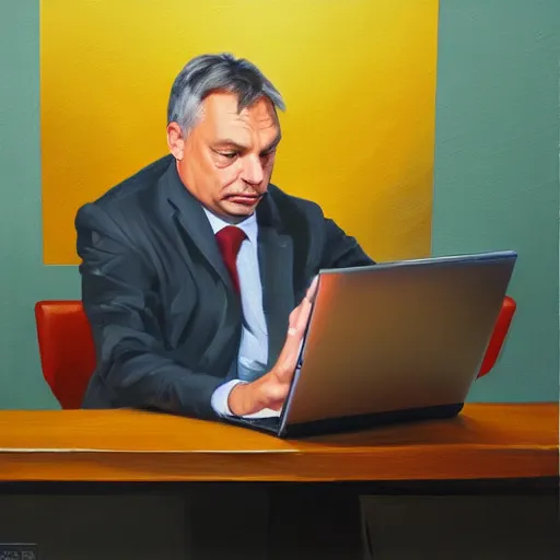 Prompt: viktor orban refactoring code on a laptop in a cubicle, oil painting