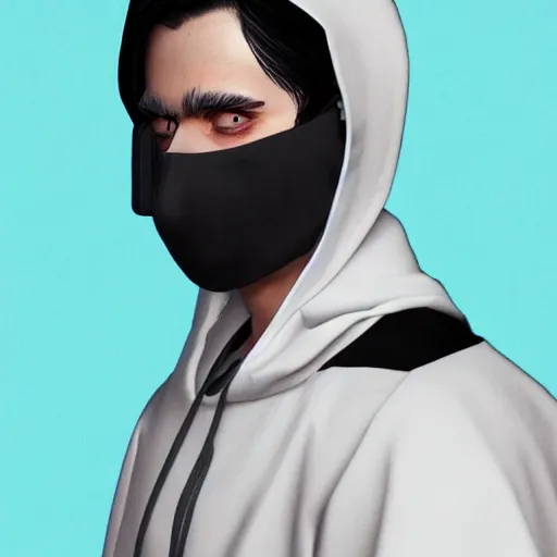 Image similar to a highly detailed, portrait of a man with black hair with a black medical mask, in a hood in the form of a blue shark with white teeth, artstation, DeviantArt, professional, octane render, digital art