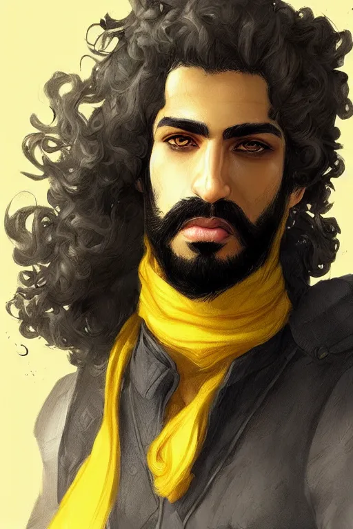 Image similar to Arab man light beard, curly hair, swordsman, modern, hero, yellow and charcoal leather, character concept art, costume design, trending on artstation, Artgerm , WLOP
