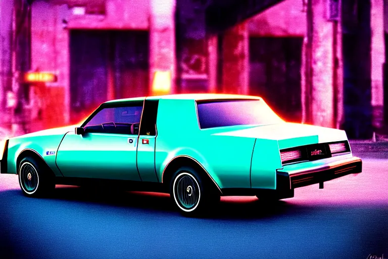 Prompt: stylized poster of a single 1 9 8 6 buick grand national, thick neon lights, ektachrome photograph, volumetric lighting, f 8 aperture, cinematic eastman 5 3 8 4 film