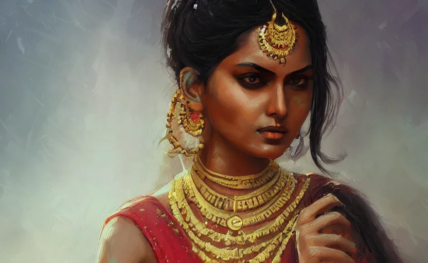 Image similar to a painting of a beautiful indian woman trending on artstation in the style of greg rutkowski